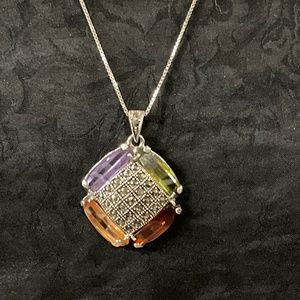 Vtg SS 925 Italian Necklace Genuine Gray Topaz Tourmalines/Chrysophase Stones